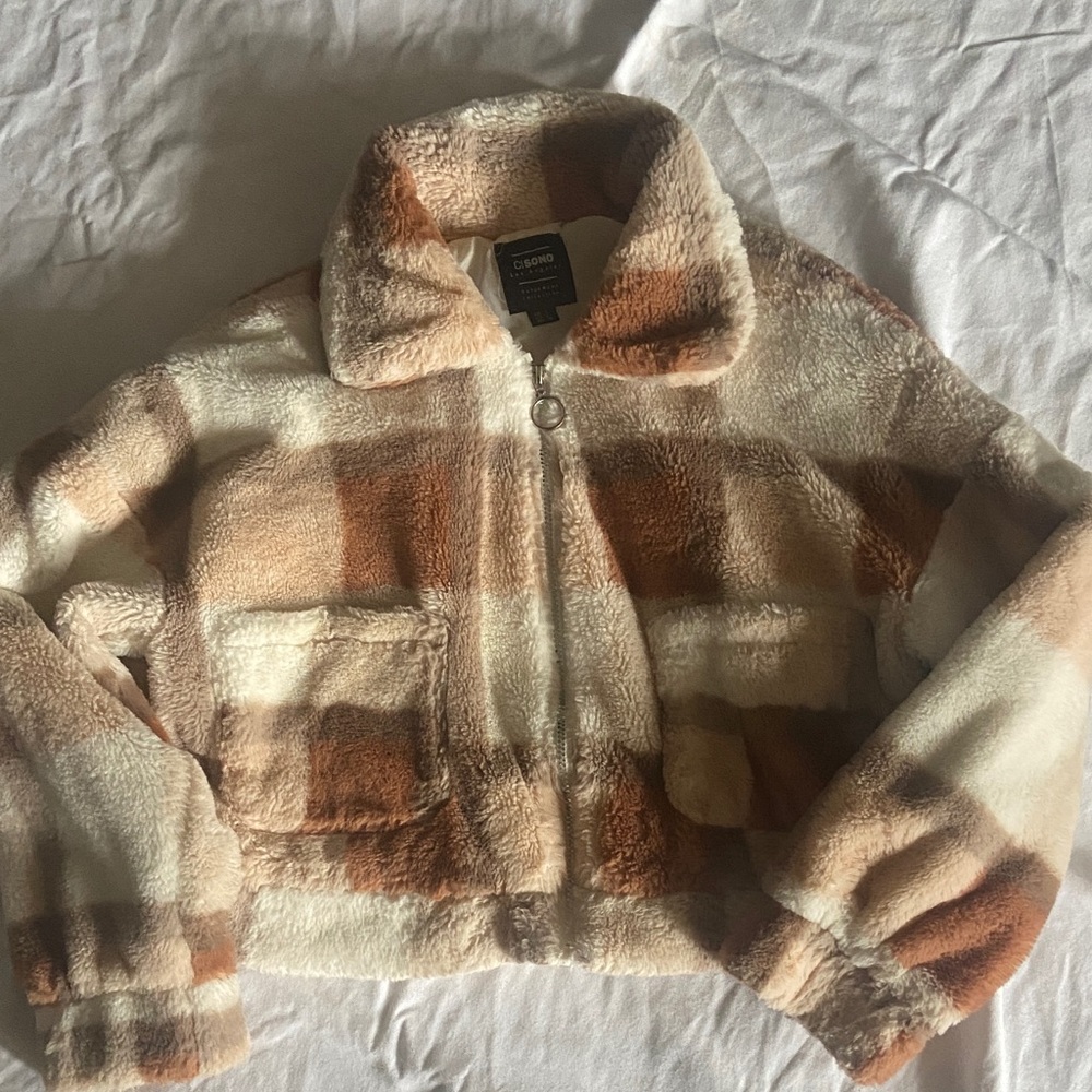 Ci Sono Plaid Teddy Jacket - Cream and Brown